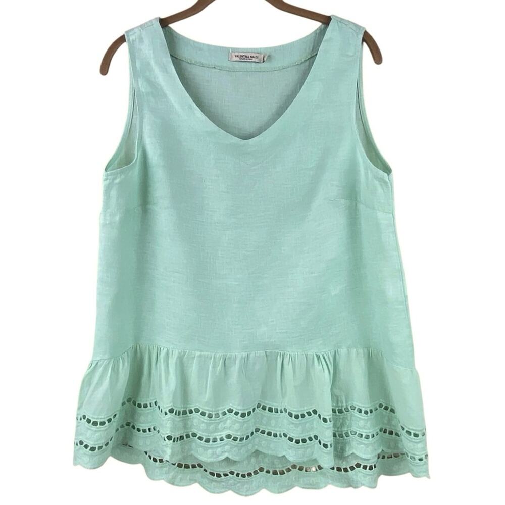 Valentina Naldo 100% Linen Tank Top Size L Seafoam Green Lace Ruffle Trim